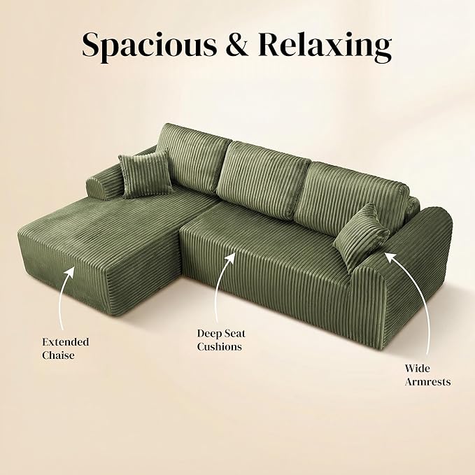 109“L-Shaped Sectional Sofa Boneless Couch Upholstery Cloud Modular Couch with Chaise No Assembly Required Corduroy Fabric Combination Deep Seat Living Room Bedroom(Green, Left Hand Facing)