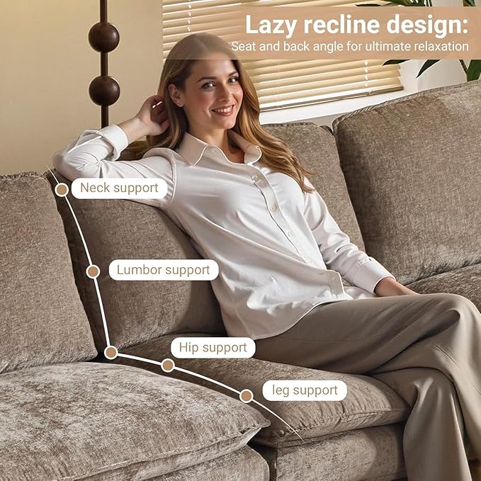 VINGLI Convertible Modular Sectional Sofa with Deep Seat & Movable 2-Layer Ottoman, L-shape Cloud Sofa with Chaise &Armrests, Oversized 3-Seater Couch for Living Room & Apartment, Chenille,Light-Brown