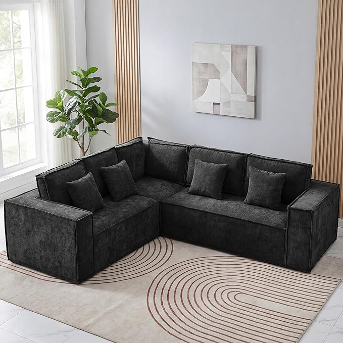 108'' Boneless Chenille L Shaped Couch, Oversized Modular Sectional 5 Seater Sofa, Modern Deep Seat Corner Cloud Compressed Couch, No Assembly Sleeper Sofa with Chaise for Living Room, Black