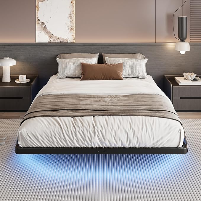 SHA CERLIN Floating Bed Frame Full Size with Smart LED Lights and Charging Station, Heavy Duty Metal Platform Bed with Modern Design,No Box Spring Needed, Easy Assembly, Matte Black
