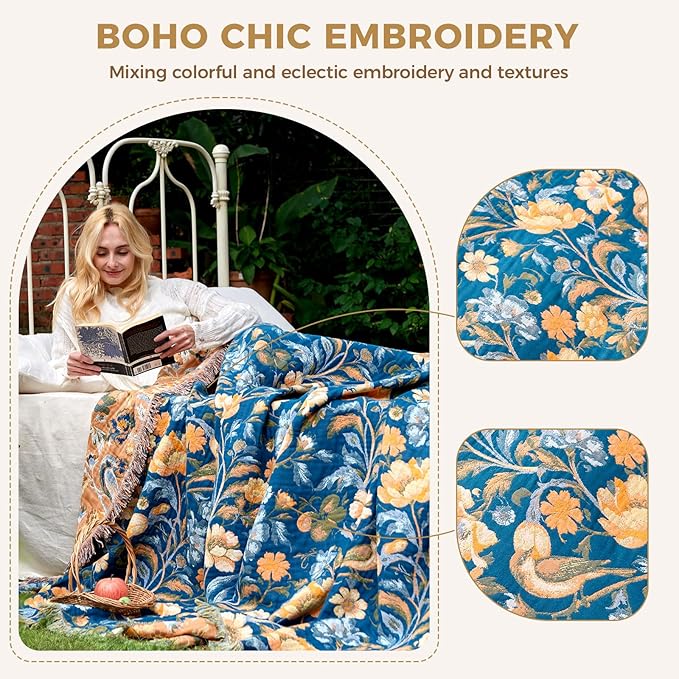 LUTBM Boho Throw Blanket for Bed Cotton Spring Blankets Twin Size for Bedroom Living Room All Season Lightweight Floral Bird Embroidery Breathable Quilt for Couch Sofa Chair 60"x80" Home Decor