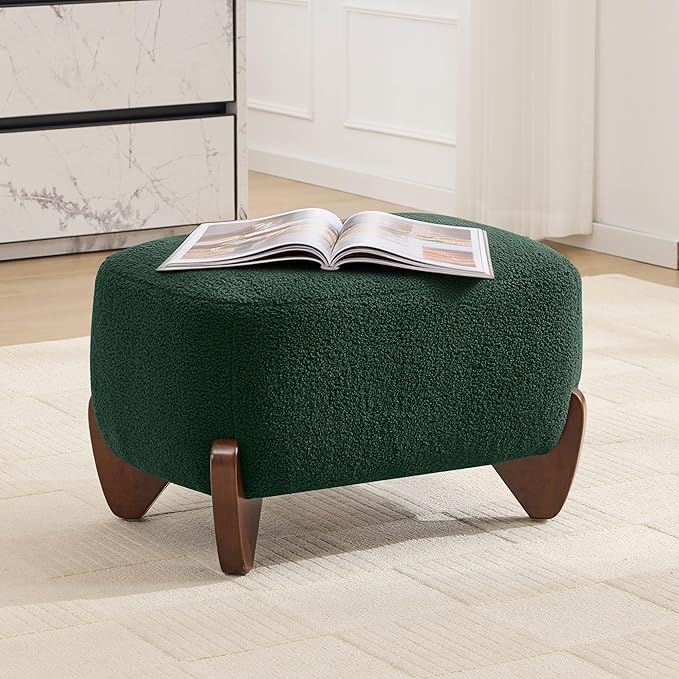 28.7" Sherpa Boucle Ottoman with Solid Wood Legs, Modern Upholstered Footstool, Comfy Ottoman for Living Room, Bedroom, Green