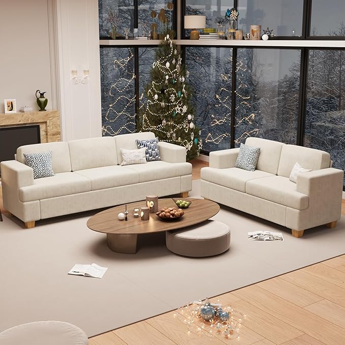 YOUDENOVA Sofa, 2 Piece Set Comfy Couch, 3 Seater & Loveseat Sofa with Deep Seats, Modern Sleeper Couch for Living Room, Beige Chenille