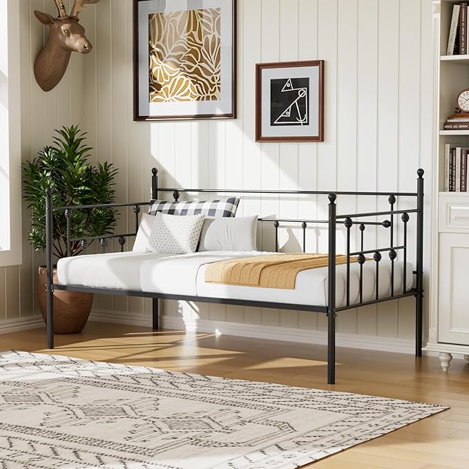 VECELO Daybed Frame, Twin Size Metal Platform Bed with Headboard,Heavy Duty Steel Slats Support for Living Room Bedroom Guest Room, Easy Assembly