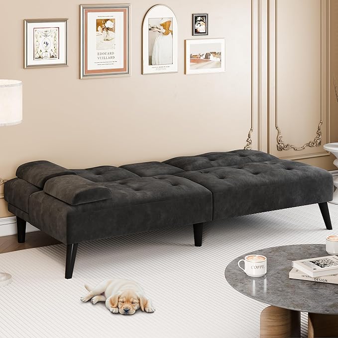 Meilocar 64" Futon Sofa Bed, 64" Convertible Loveseat with 2 Cup Holders, Small Couch with 3 Adjustable Angles & Removable Armrest, Modern Sleeper Sofa for Apartment,5.3 FT, Black