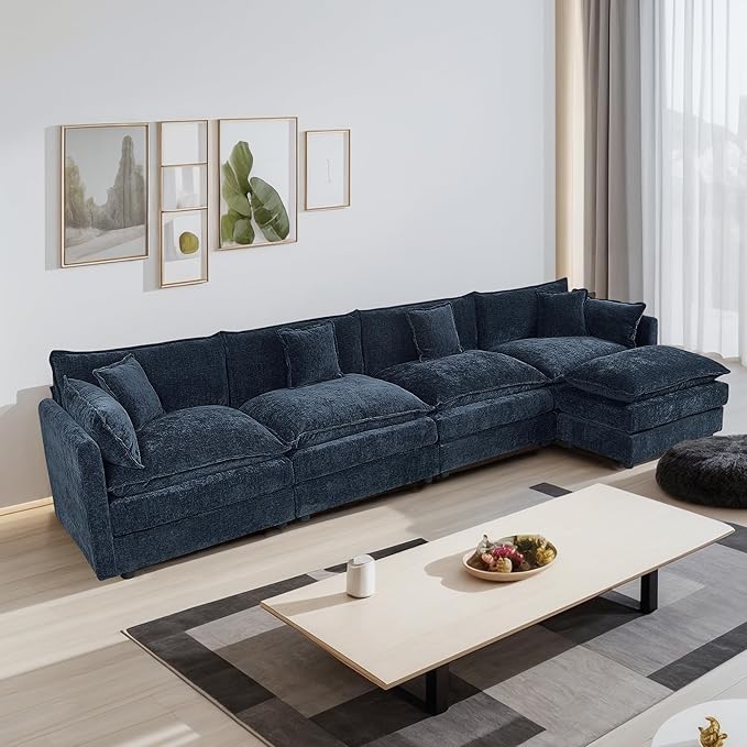 Setawix Deep 4 Seater Couch with Ottoman,147.22" L-Shaped Cloud Couches for Living Room,Chenille Cloud Sofa Couch with Deep Seat,Modular Sectional L Shape 4 Seat Sofa for Bedroom (Blue, 4+1)