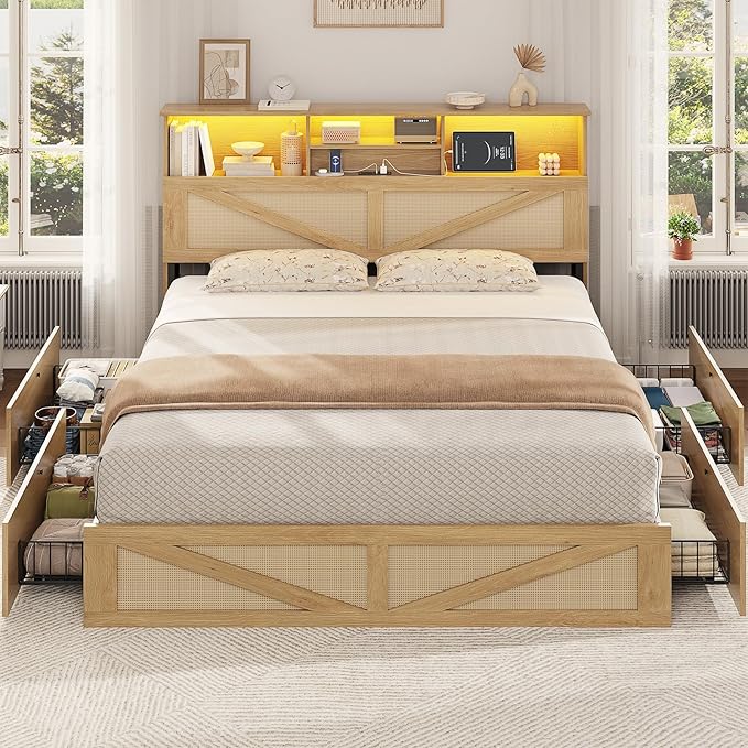 VIAGDO Bed Frame Queen Size with Bookcase Storage Headboard, Charging Station and LED Lights, Wooden Queen Bed Frame with 4 Drawers, Barn Door Design, No Box Spring Needed, No Noise, Natural Rattan