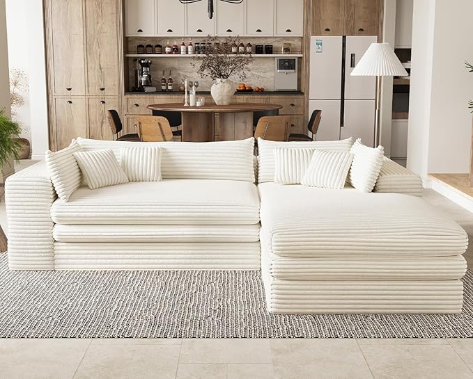 Belffin Boneless Cloud L Shaped Couch with Deep Seat Plush Corduroy Boneless Modular Cloud Sectional Couches for Living Room. Right Facing Chaise. Beige Sofa