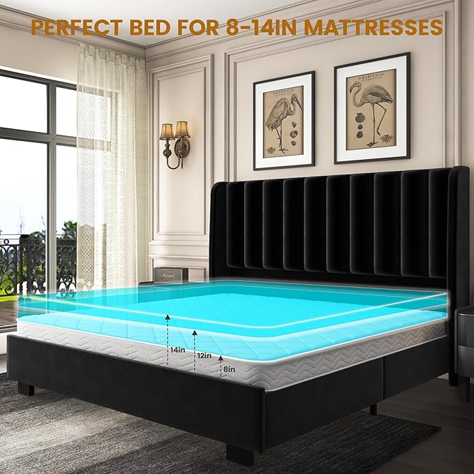 King Size Upholstered Lift Up Storage Bed Frame with 51.2" Tall Headboard, Velvet Wingback Tufted Design, Wood Slats Support, No Box Spring Required, Noise-Free Double Low Bed Frame (King,Black)