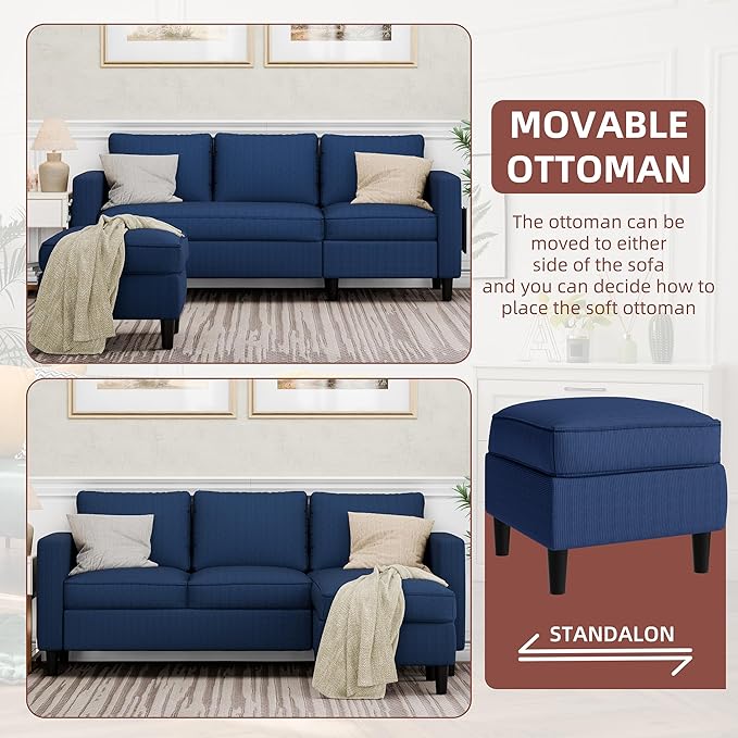 Nuturelly Convertible Sectional Sofa Couch with Movable Ottoman, 3-Seater Modern L-Shaped Sofa for Small Spaces, Soft Fabric Couch for Living Room, Small Apartment & Office(Blue)