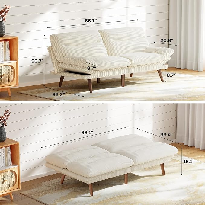 Marsail Futon Sofa Bed, Corduroy Futon Couch with Adjustable Backrest & Armrests, Convertible Small Sleeper Sofa Bed for Small Apartments, Study Room, Office, White