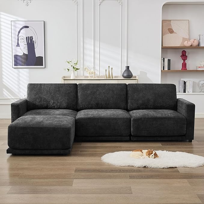 110.6" L Shaped Sectional Sofa, Modular Cloud Deep Seat Couch with Movable Ottoman, Oversized Thicked 4-Seats Sofas for Living Room, Chenille Black