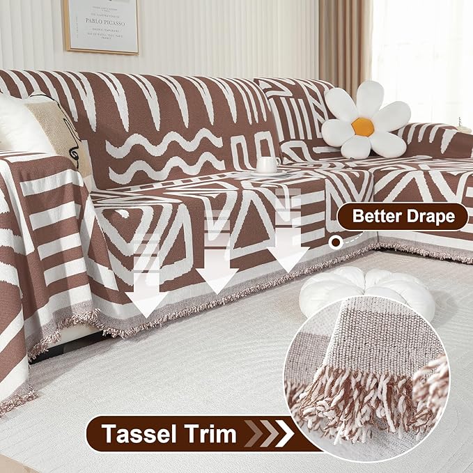 OstepDecor Boho Sectional Couch Covers 2 Pieces, L Shaped Sofa Cover, Chenille Couch Cover for Dogs Washable, Couch Cover Blanket, Sofa Slipcover for 2-3 Cushion Couch (71"x110"+71"x118", Coffee)