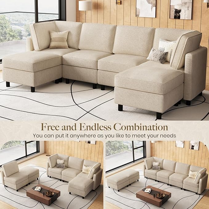 Belffin 110.2" Modular Sectional Sofa 6 Seats U Shaped Couch Washable Sectional Couches for Living Room Comfy Couches with Storage Seat Couch Sofas with Chaise,Beige