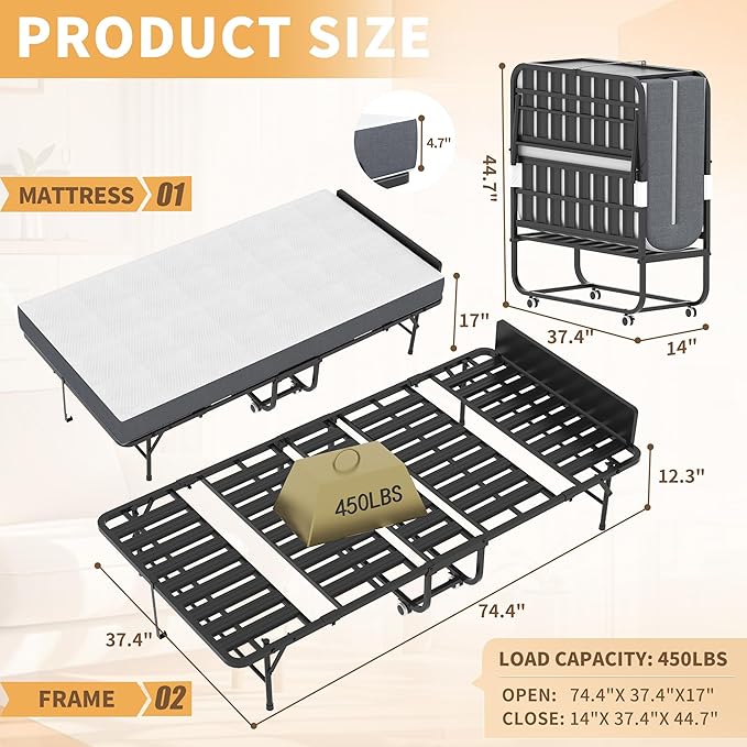 AQY Folding Rollaway Bed with 5" Memory Foam Mattress, 3.15" Lift Adjustable Headboard, 75"x38", Heavy Duty Metal Frame on Wheels, Portable for Adults/Guests, Assembly Required