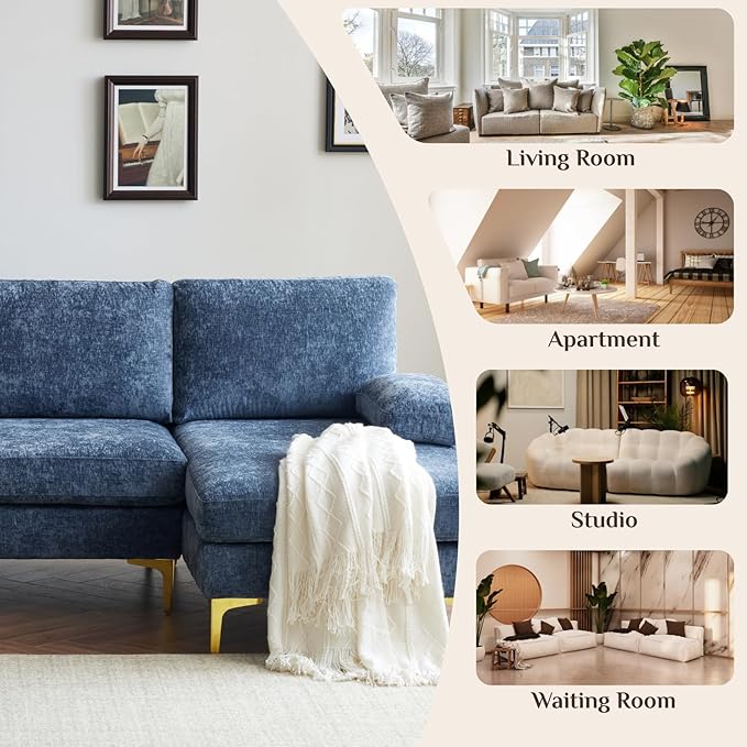 Karl home 110" Sectional Sofa U-Shaped 4-Seat Couch with Chaises Chenille Fabric Upholstered for Living Room, Apartment, Office, Dusty-Blue