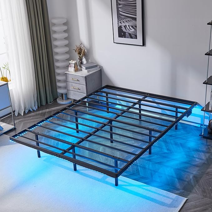 VINGLI 14 Inch Floating Bed Frame Full with USB Charging Station/LED Lights, Double Platform Guest Bed, Heavy Duty Metal Bed Base, No Box Spring Needed,Black