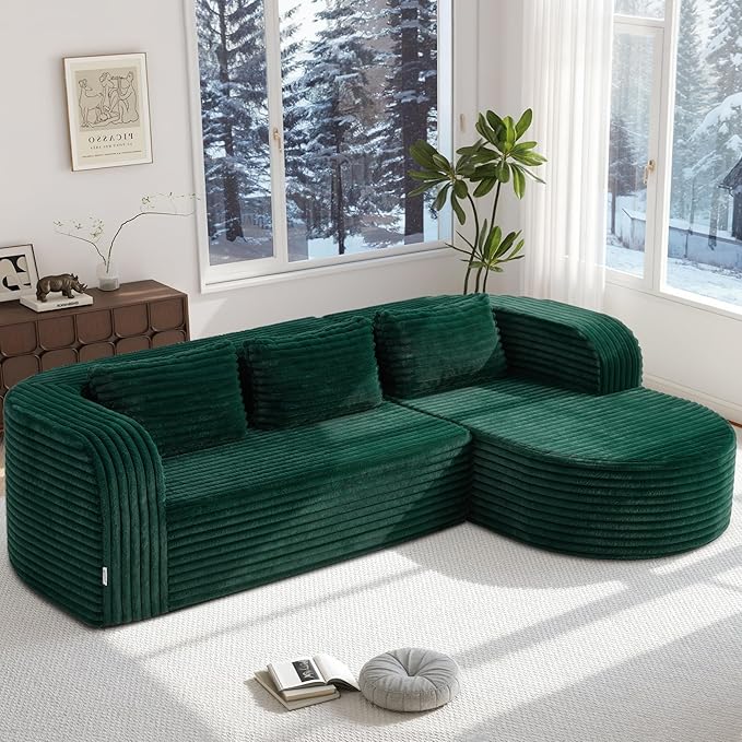 Hobestluk 96" Cloud Sectional Couch Modern Boneless Couch 3 Seater with Oversized Chaise L Shaped Modular Sofa Couches for Living Room Apartment No Assembly Required (Stripe Green,Right Facing Chaise)