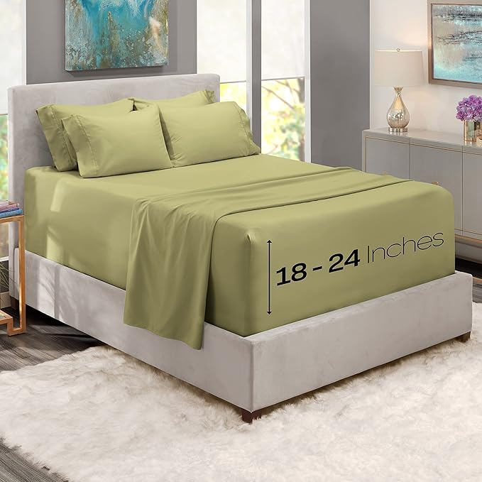 Hearth & Harbor Extra Deep Pocket King Size Sets - Fits Mattress 18-24 Inches Deep - Extra Deep Pocket Sheets - 6 Piece King Size - Sage