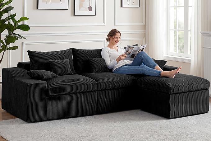 HABUTWAY 104" L Shaped Cloud Sectional Couch, Boneless Modular Sectional Sofa with Deep Seat, Corduroy Couches for Living Room, Modular Couch, No Assembly Required (Black)