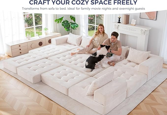 MAXYOYO Modular Sectional Sofa Couch, Foldable U Shaped Cloud Couch with Pillows, Tufted 7-Seat Boneless Sleeper Lounger Floor Sofa Bed for Living Room, No Assembly Required, Beige