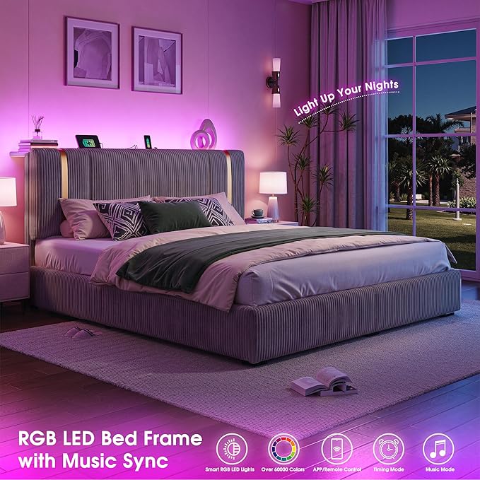 Homkdom King Size Bed Frame with 6 Storage Drawers, Soft Upholstered Bed Frame King with Adjustable Tall Corduroy Headboard, LED Light & Charging Station, 1200-LB Heavy Duty Metal Support,Modern,Grey