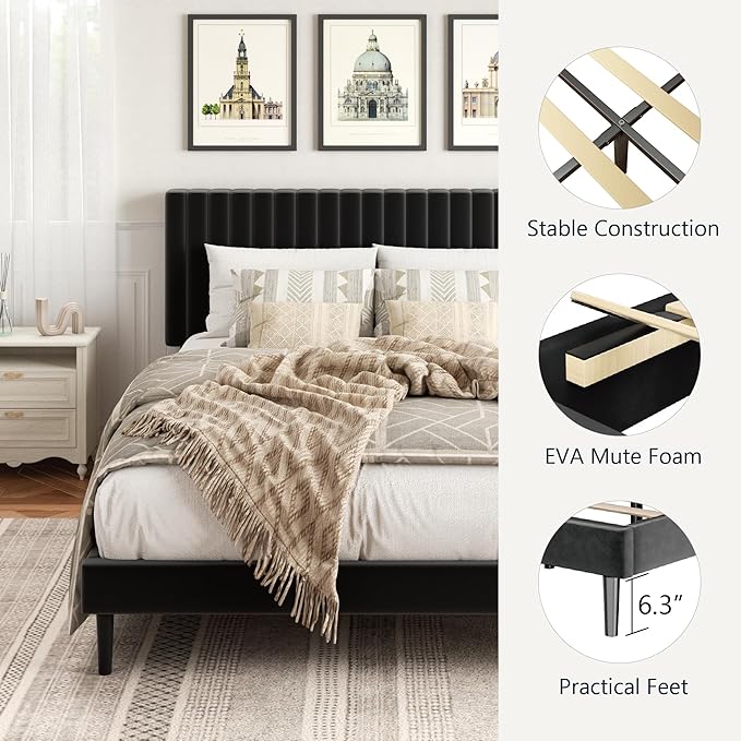 HAOARA Full Size Platform Bed Frame with Velvet Upholstered Headboard, Full Bed Frame with Strong Wood Slats, Mattress Foundation, Box Spring Optional, Easy Assembly, Black | Velvet Upholstered, Strong Wood Slats, Mattress Foundation, Box Spring Option...