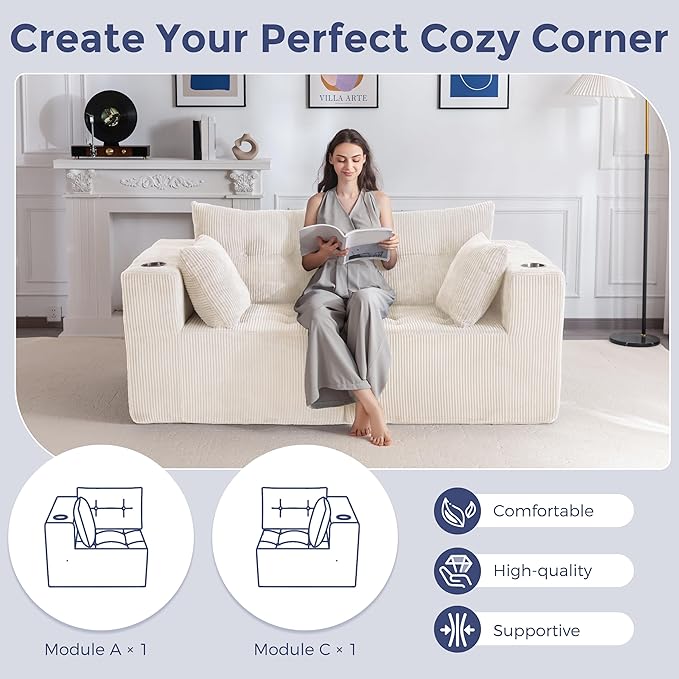 MAXYOYO Modular Sectional Sofa Couch, Loveseat Boneless Cloud Couch for Living Room, Sofa in A Box, Tufted Upholstered Cozy Chair with Cup Holders, No Assembly Required, Beige
