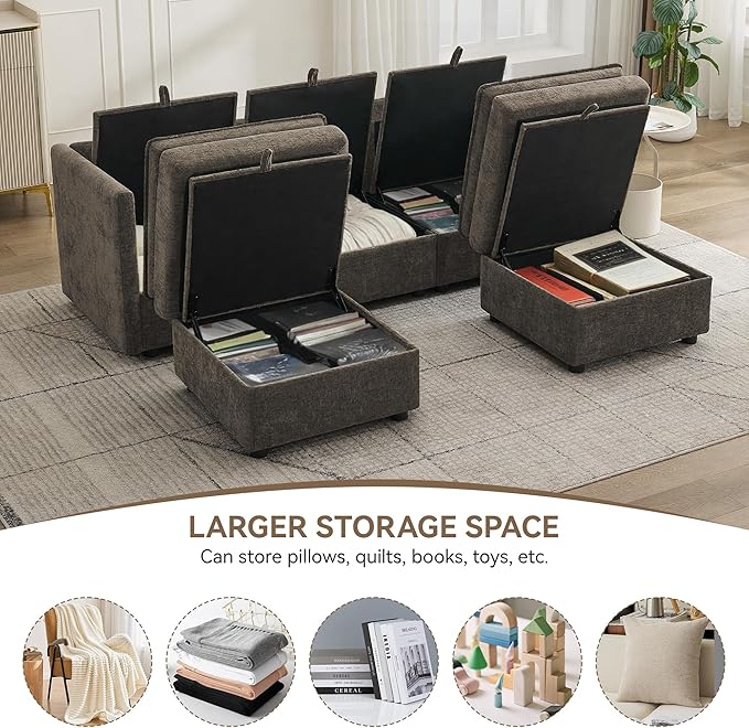 80" Cloud Modular 3 Seater Sofa with 2 Storage Ottoman, Modern Upholstered Storage Sofa Couch Deep Seat, U Shape Sectional Sofa Chenille Comfy Couch with Armrests for Living Room, Small Space, Brown | Modular Sofa, Storage Ottoman, Upholstered Sofa, Se...