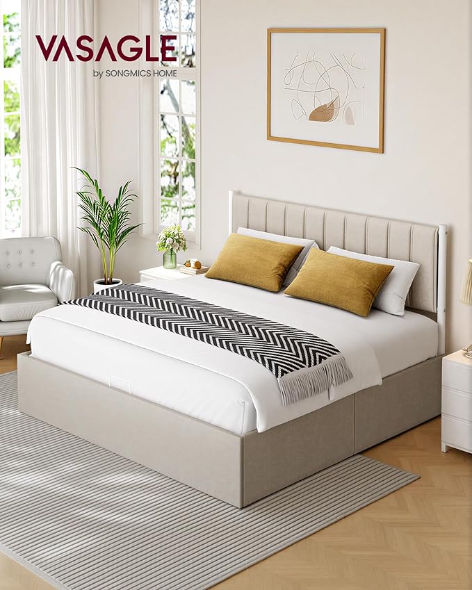 VASAGLE Lift Up Storage Bed Frame King Size, Hydraulic Platform Bed, with Upholstered Headboard, 1100 lb Weight Capacity, No Box Spring Needed, Easy Assembly, Modern, Cappuccino Beige URMB604W01V1