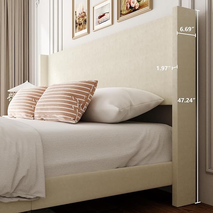Sismplly King Bed Frame with Wingback Headboard, Velvet Upholstered Platform Bed with Wooden Slats, 6.46“ Under Bed Storage, Metal Support, Noise Free, No Box Spring Needed, Beige