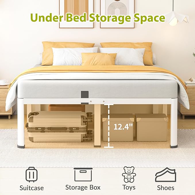 14 Inch Full Bed Frame, Metal Platform Bed Frame with Round Corner Legs, 3500 lbs Heavy Duty Steel Slats Support, No Box Spring Needed, Noise Free, Easy Assembly, White
