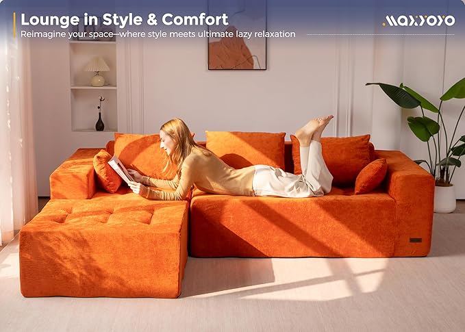 MAXYOYO Modular Sectional Sofa Couch, L Shaped Boneless Cloud Couch with Flexible Ottoman, Chenille Upholstered Living Room Sleeper Sofa Chair for Living Room, No Assembly Required, Orange