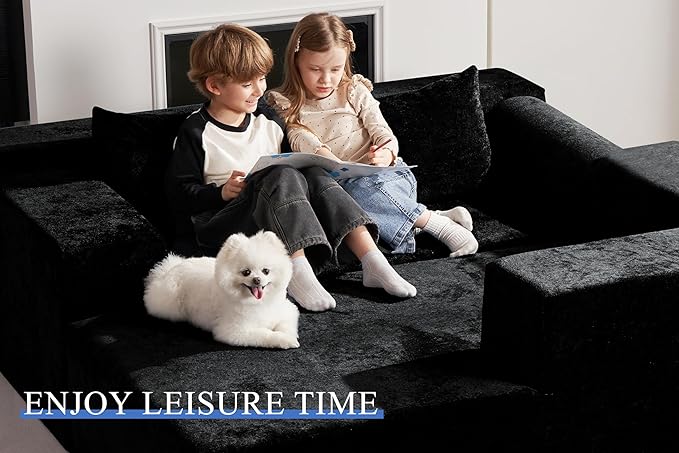 HABUTWAY 105" L-Shape Modular Sectional Sofa Couch for Living Room,No Assembly Required,Modular Comfy Sofa with Deep Seat for Living Room Bedroom,Luxury Distressed Velvet(Right,Black)