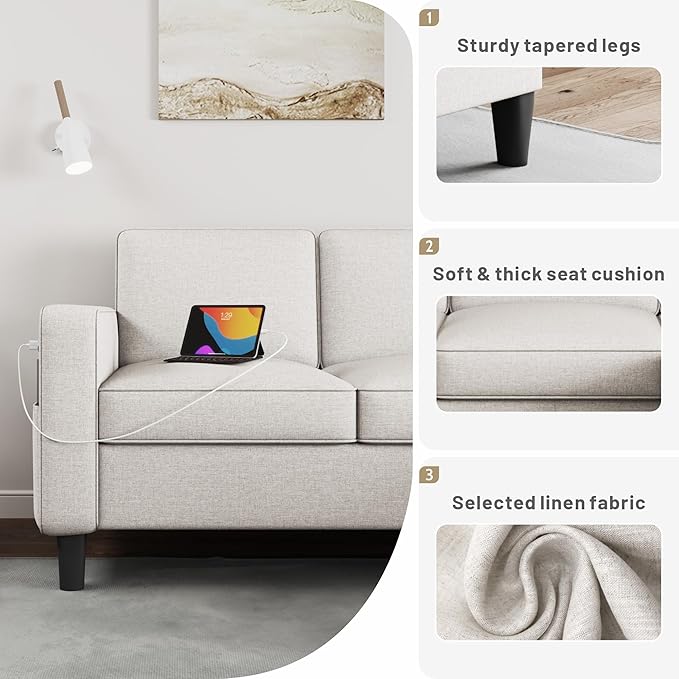 Sectional Couches for Living Room - Convertible 3 Seater L Shaped Couch with Storage Ottoman USB Charging Port - Beige Modern Linen Fabric Sofas Furniture Set for Apartment Loft Studio Small Space | USB Charging Port