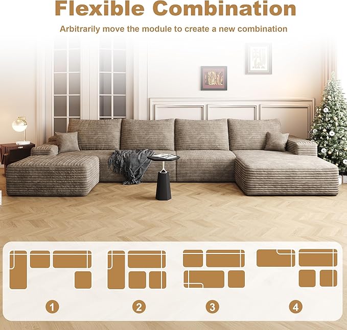 136" Sectional Couches for Living Room Cloud Couch Sofa with L-Shape Upholstered Boneless Couchs Modern Modular Sectional Couch with Chaise (Camel, 136" Right Facing Chaise+3Seaters+Ottoman)