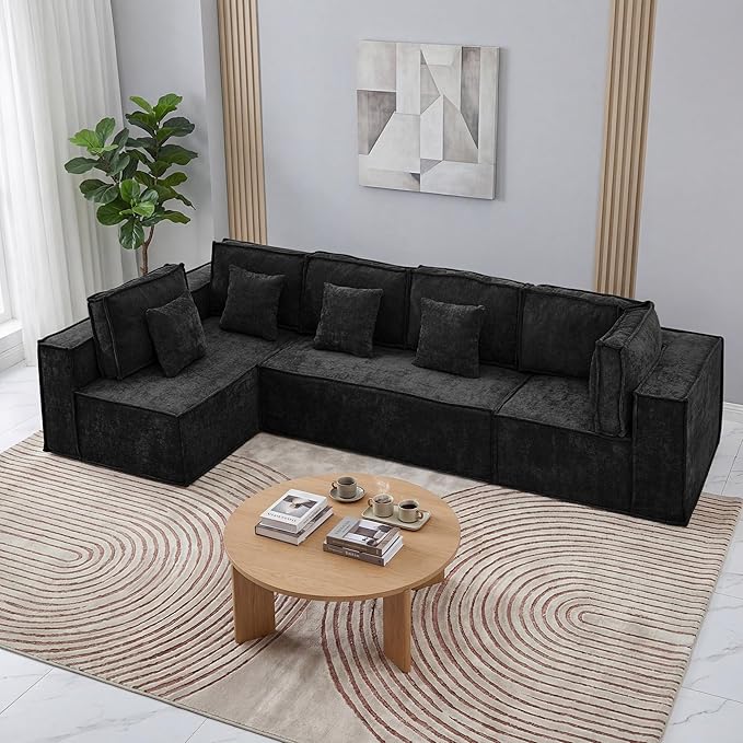 138'' Boneless Chenille L Shaped Couch, Oversized Modular Sectional 5 Seater Sofa, Modern Deep Seat Corner Cloud Compressed Couch, No Assembly Sleeper Sofa with Chaise for Living Room, Black