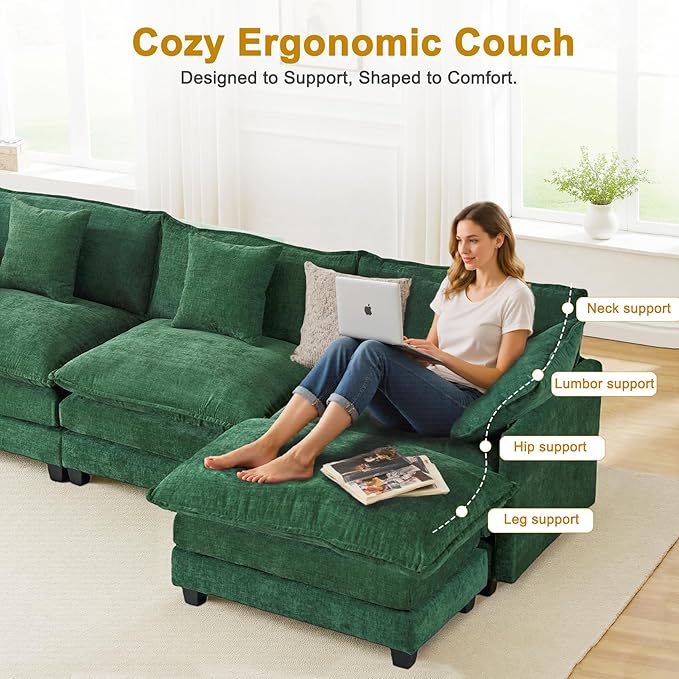 111.4" L-Shaped Cloud Chenille Sofa Sectional Couch with Reversible Chaise, Flexible 3+1 Layout for Large Spaces, Deep Seat and Free Pillows Included