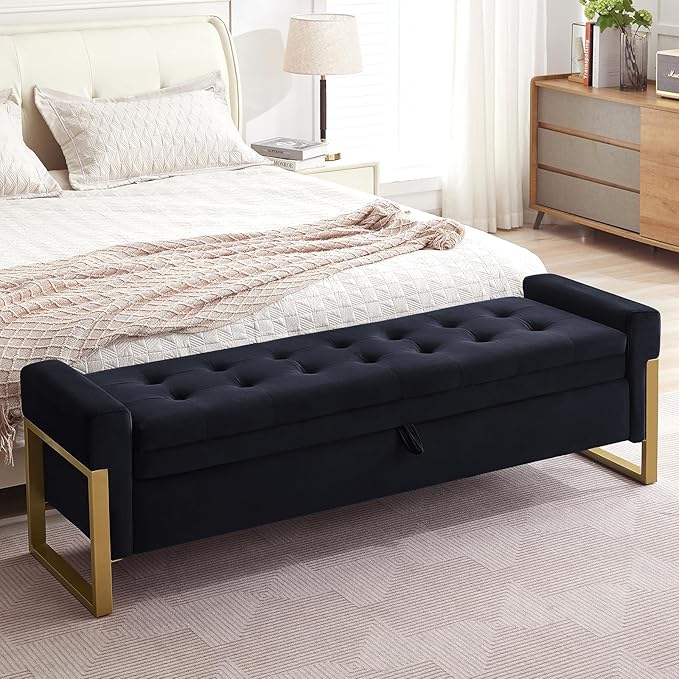 67" End of Bed Storage Bench King Size, Velvet Storage Bench for Bedroom Foot of Bed, Upholstered Storage Ottoman Bench with Gold Legs for Window Living Room Entryway, Black
