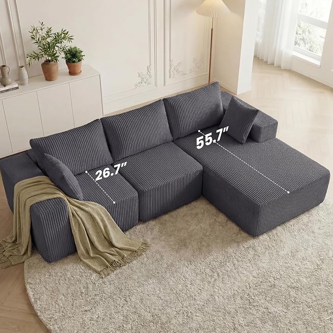 DUMOS 108" Boneless Couch, Cloud Sectional Couch with L-Shape Chaise, Modular Sectional Sofa with Deep Seat, Fluffy Couch for Living Room Bedroom, No Assembly Required (Grey, Right Facing Chaise)