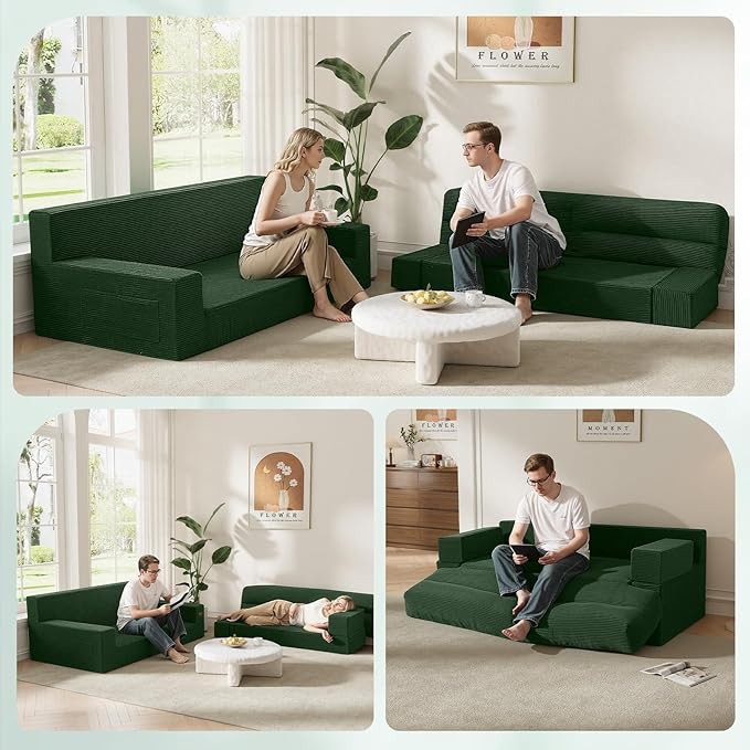 MeMoreCool Boneless Couch Convertible Sofa Bed Queen, Corduroy Futon Couch Sleeper Sofa, Boneless Loveseat Pull Out Couch Bed, Fold Out Floor Sofa for Living Room Bedroom Apartment, Green