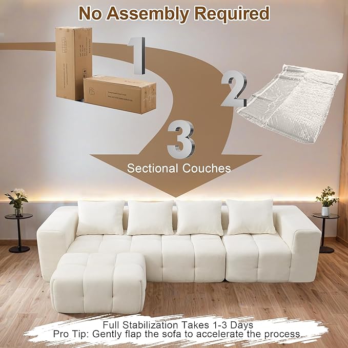 119" Boneless Couch, Cloud Sectional Couch with Deep Seat, High-Density Memory Foam and Chaise, Sectional L Shaped Sofa, Boneless Couches for Living Room, No Assembly Required Tufted Sofa, Beige