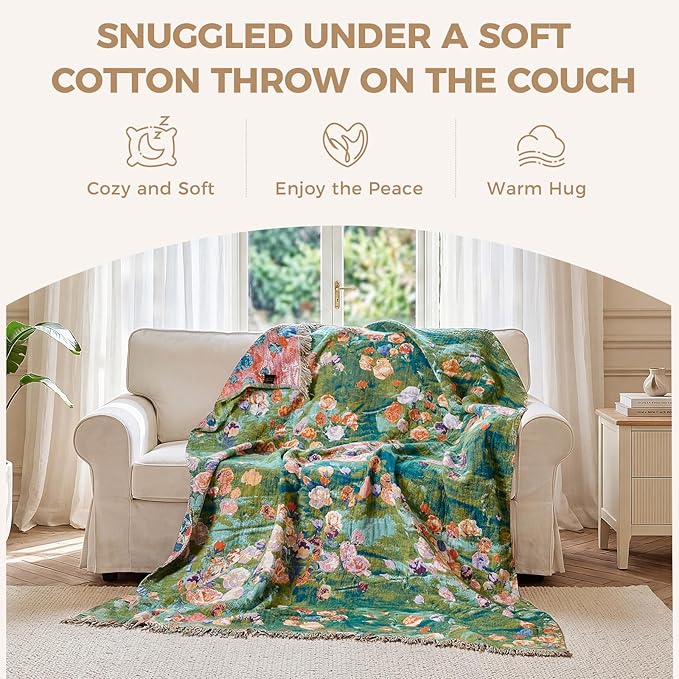 LUTBM Boho Throw Blanket for Couch Sofa Chair Spring Cotton Blankets for Bedroom Living Room All Season Soft Lightweight Reversible Floral Embroidery Decorative Throws 50"x60" Home Decor
