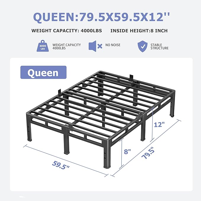NKZ 12 Inch Full Size Bed Frame, Metal Bed Frame & Box Spring 2 in 1 Platform with Round Corner Legs, 4000Lbs Heavy Duty Metal Frame, Mattress Slide Stopper, Headboard Hole, Noise-Free, Easy Assembly