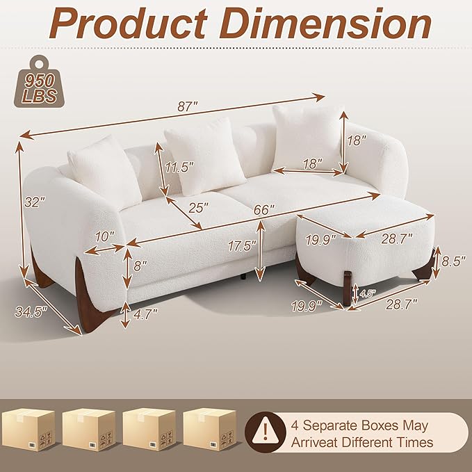 87" Sherpa Boucle Cloud Couch with Ottoman, Modern 3 Seater Sofa with Solid Wood Legs 25" Extra Deep Seat Comfy Thick Cushion Upholstered Sofa Couches with 3 Pillows for Living Room, White
