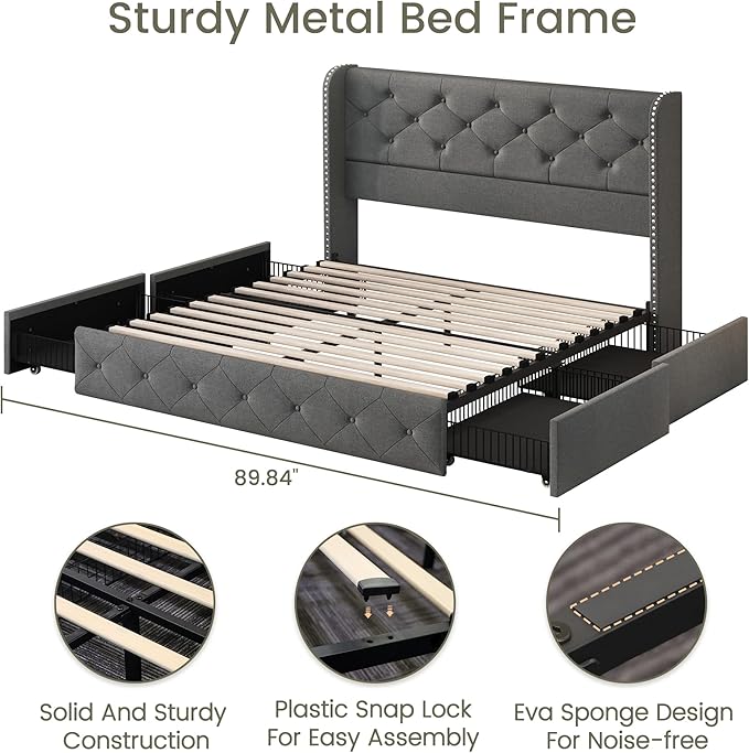 LARMACE Full Size Bed Frame with 4 Storage Drawers and 47.2" Tall Wingback Headboard Linen Upholstered Platform Bed Frame Tufted Beds with Wooden Slats Support, Easy Assembly, Light Grey