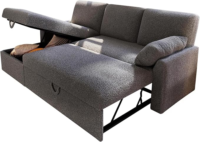 VanAcc Sofa Bed, Sleeper Sofa with Storage Chaise- 2 in 1 Pull Out Couch Living Room, Comfy Sleeper Couch, Grey Boucle