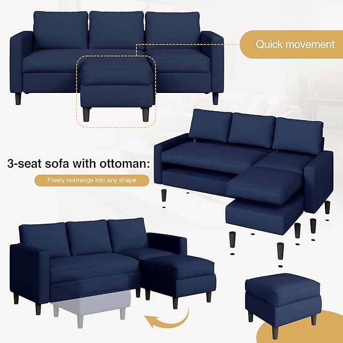 JAMFLY Couches for Living Room, 3-Seat Reversible Sectional Sofa with Convertible Ottoman, Modern Ribbed Fabric L-Shaped Couch for Small Apartment, Studio & Office, Easy Assembly, Blue