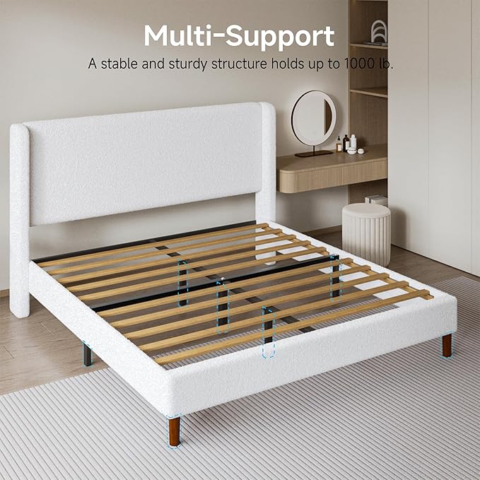 King Boucle Bed Frame, Platform Bed with Upholstered Wingback Headboard, Strong Wooden Slats Support, Noise-Free, No Box Spring Needed, Easy Assembly, White