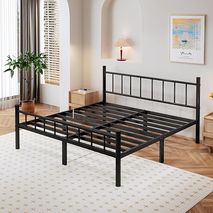 zizin King Size Metal Bed Frame with Headboard & Footboard 14 Inch Metal Platform Mattress Foundation Support with Steel Slat, Under Bed Storage, No Box Spring Needed